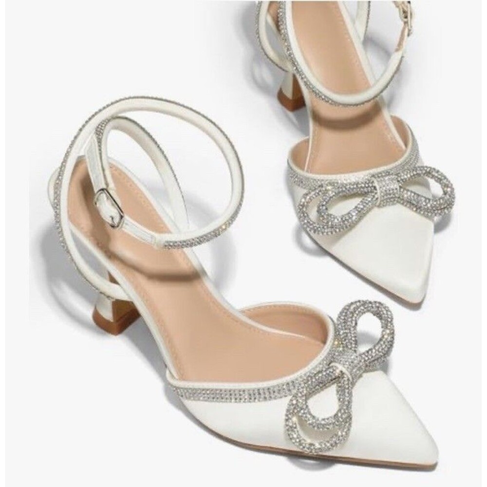 Pointed Toe Satin Wedding Shoes for Bride White High Heels Rhinestones Size 9.5 - Picture 3 of 16